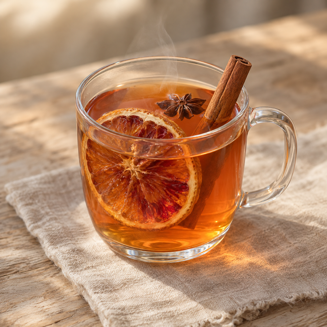 Hot Aperol met gedroogde bloedsinaas, kaneel en steranijs in een hittebestendig glas