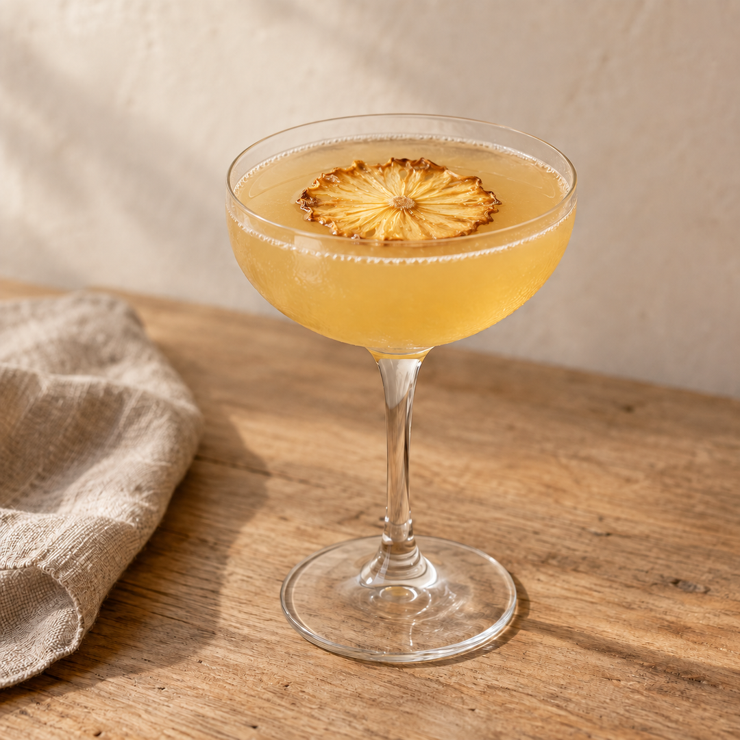 Pineapple Spiced Daiquiri zonder ijs, met een gedroogde mini-ananasschijf die plat op de cocktail drijft in een coupeglas