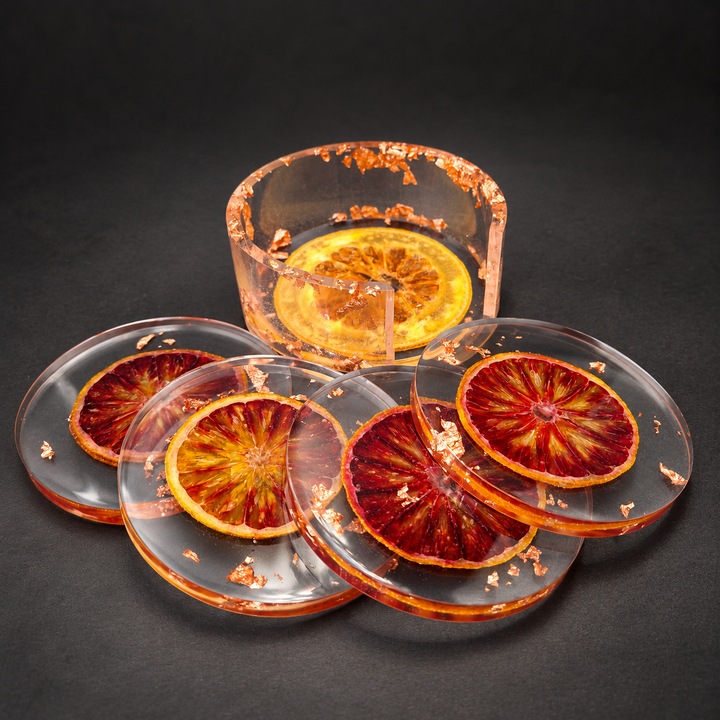 Epoxy Onderzetters met Bloedsinaasappelschijf | Set van 4 met houder