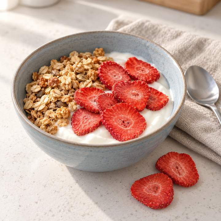 Gevriesdroogde aardbeischijfjes bij granola | FruCare