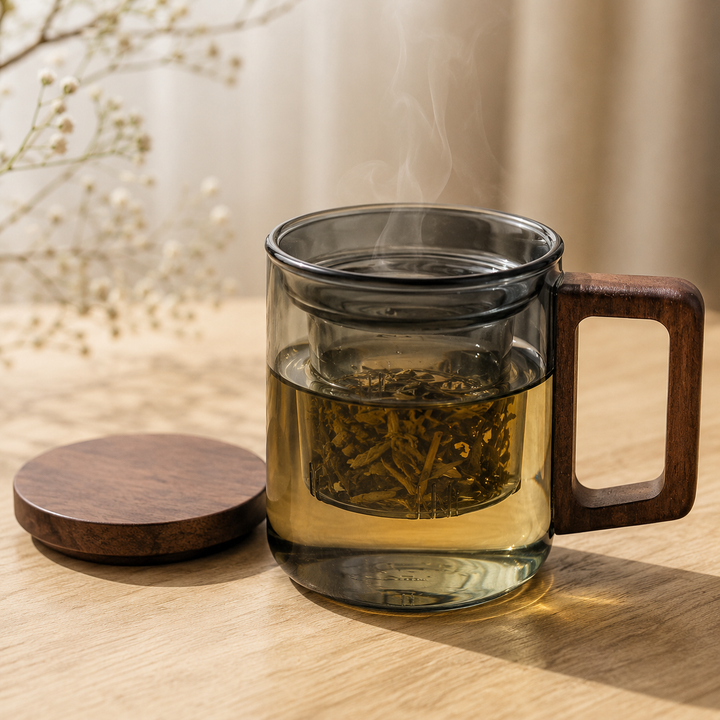 Glazen theeglas met houten handvat, infuser en warme thee