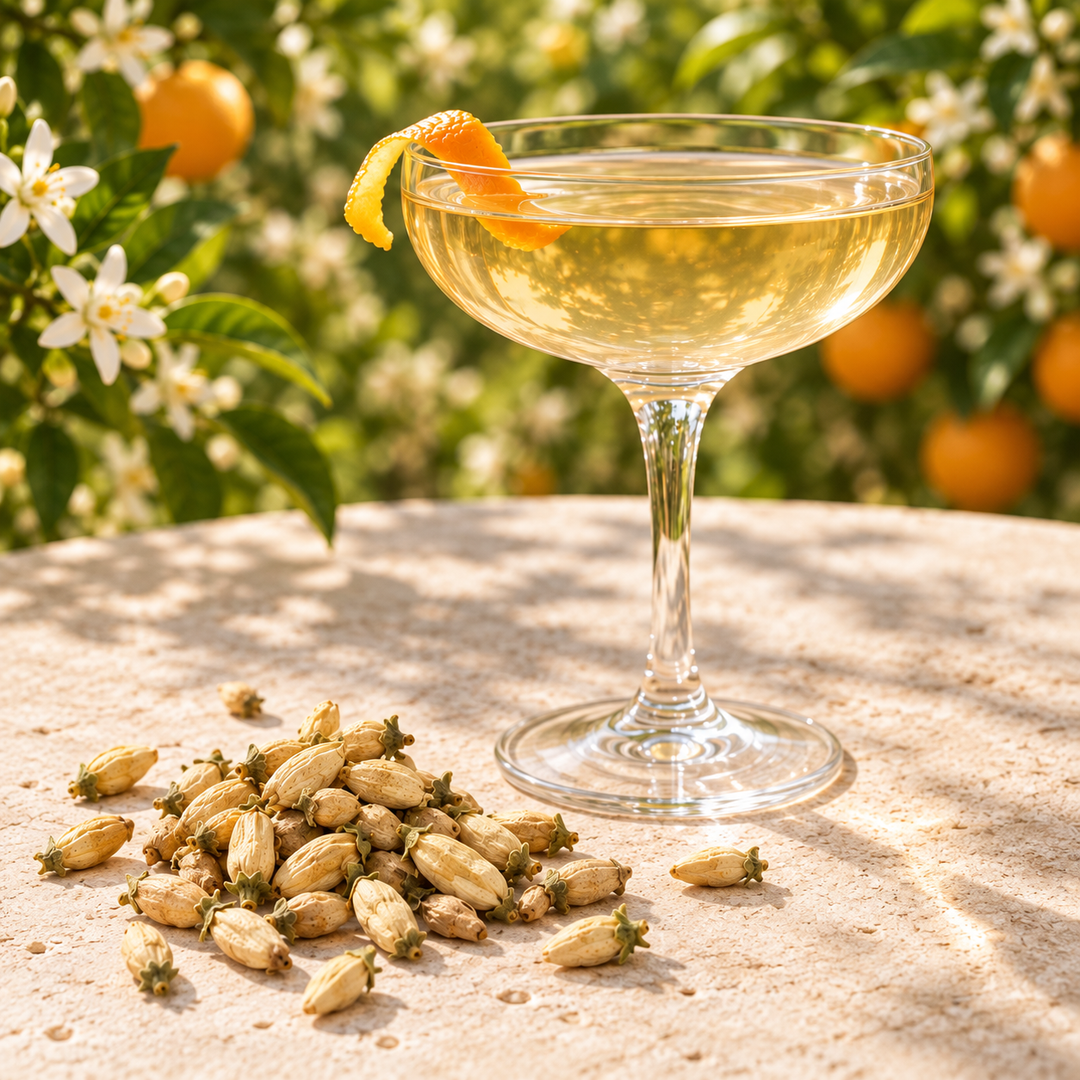 Cocktail met sinaasappelzeste naast gedroogde oranjebloesemknoppen