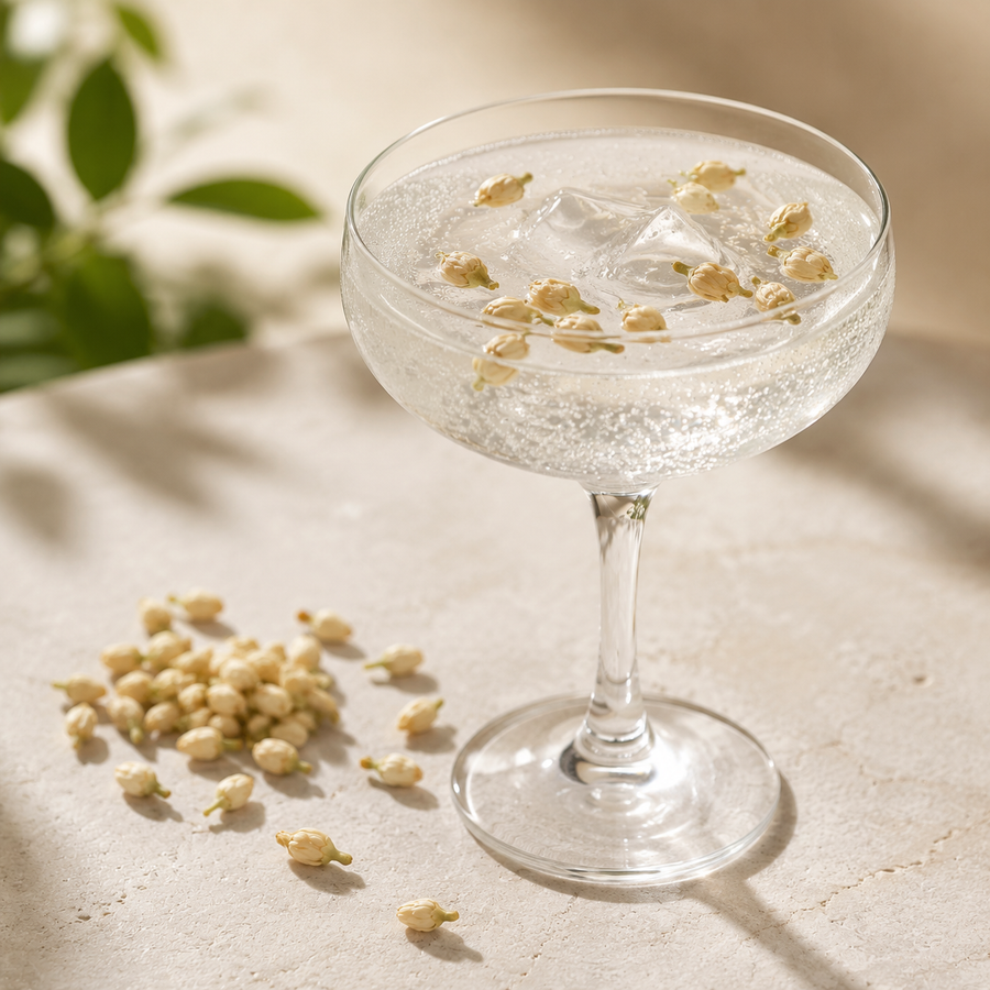 Gedroogde oranjebloesemknoppen als botanische garnering in een cocktail