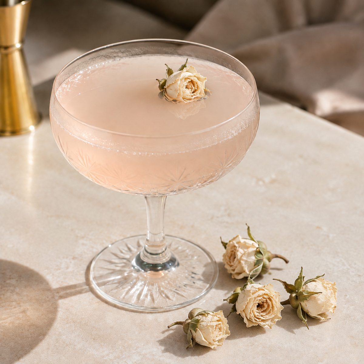 Cocktail met een gedroogd wit roosje en losse witte rozenknopjes