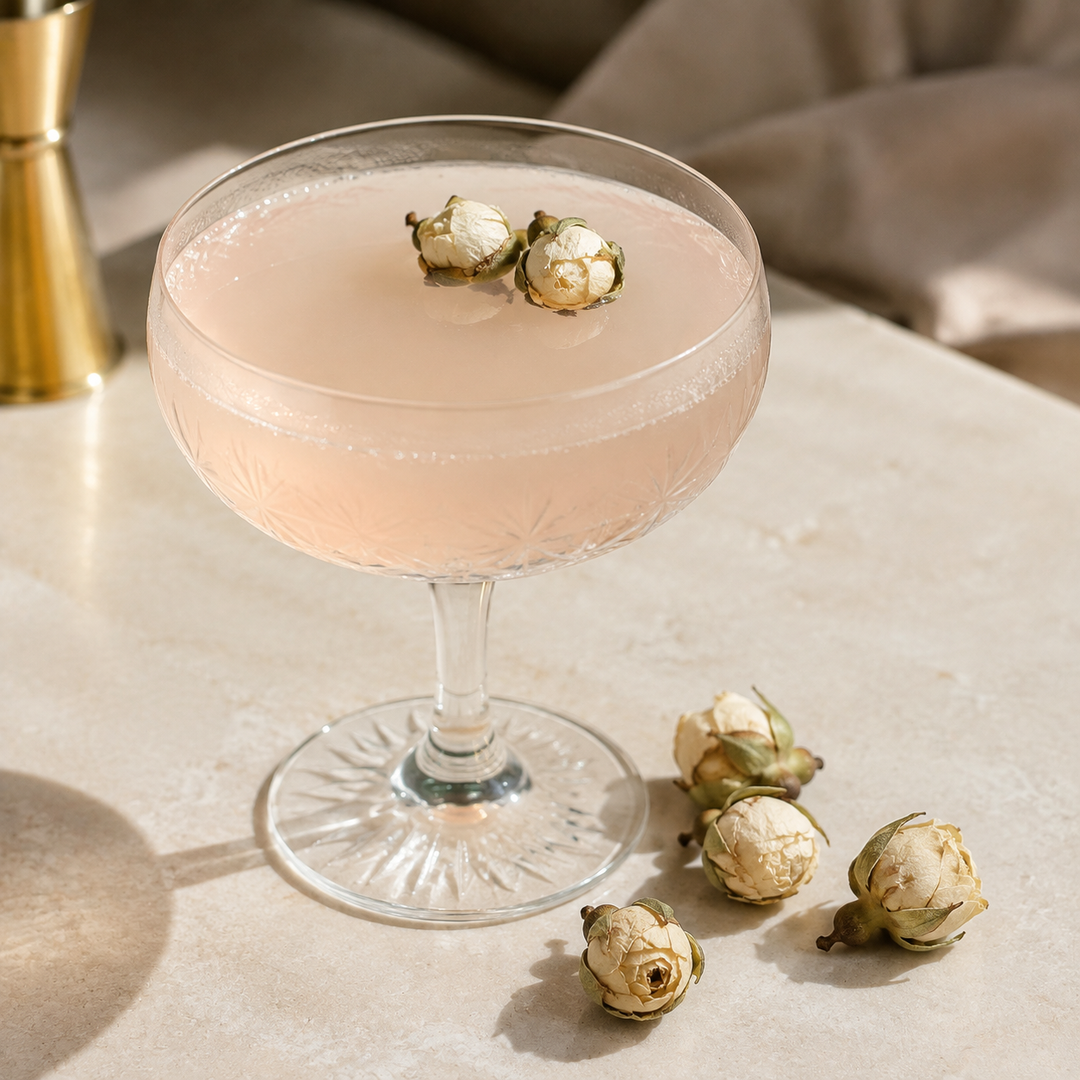 Gedroogde witte rozenknopjes als botanische garnering in een cocktail